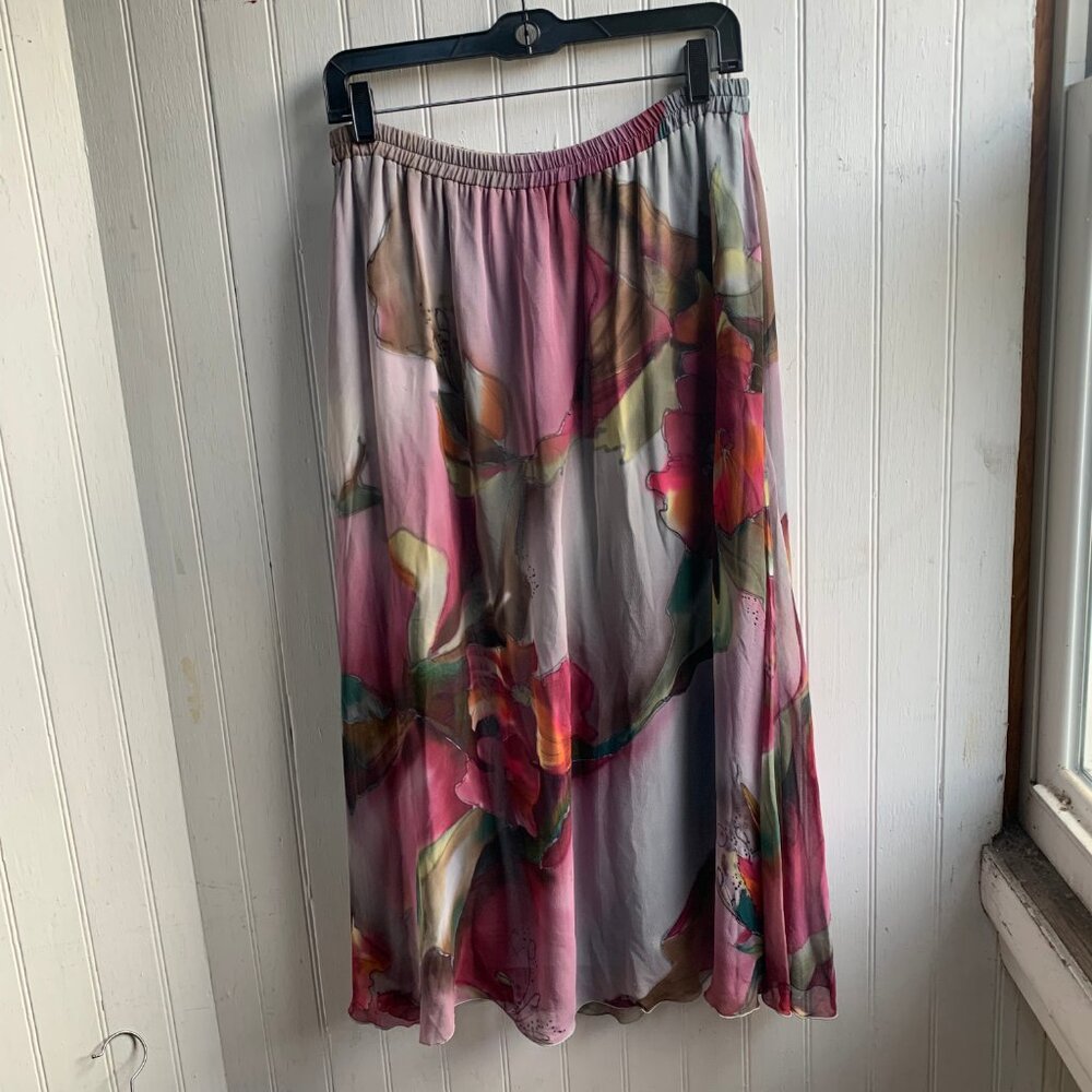 Vintage Nora Lottie Hand Painted Floral Silk Skirt Art to Wear - Pull On Sz Med